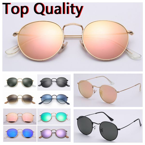 

designer sunglasses round metal model sun glass lenses for men women with brown or black leather case, cloth, grey box, and all accessories, White;black