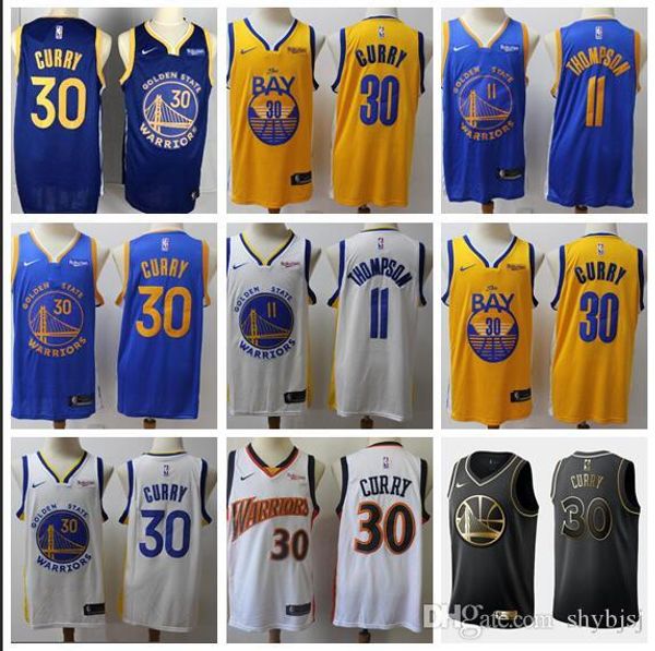 

2019 golden state warriors men youth new style 30 curry 11 thompson bule and yellow embroidered swingman basketball nba jerseys, Black