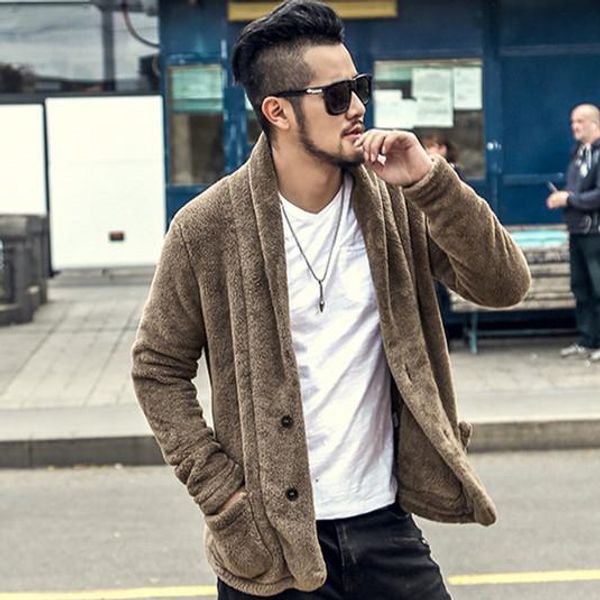 

мужчины новое прибытие зима черный кардиган куртка теплый плюшевый пушистый тонкий европейский стиль пальто метросексуал человек плюшевый ка, Black