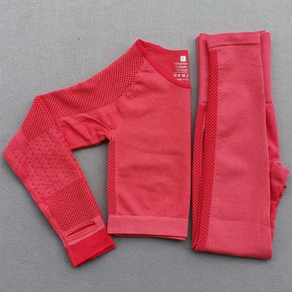 

seamless yoga set gym workout clothes women hollow out high waist sport leggings+cropped long sleeve shirt running sportswear, White;red