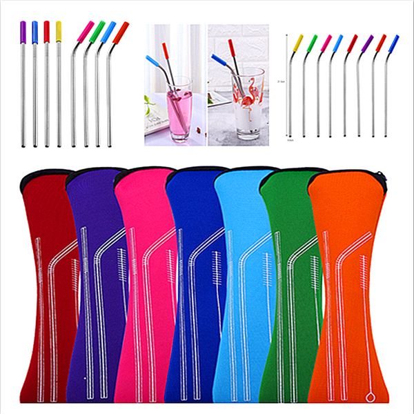 

4pcs/set reusable bar drinking straw stainless steel 304 metal 6mm straw with cleaner brush anti-tooth collision + bone bag set