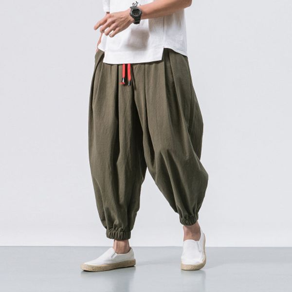 

men fashion loose casual pant male solid color plus size cotton linen harem trousers jogger sweatpants, Black
