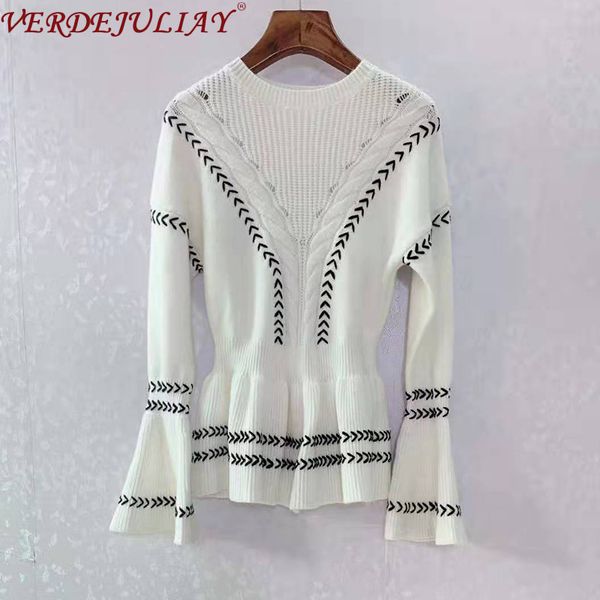 

verdejuliay 2020 spring new runway design flare sleeve knitting women luxury embroidery elegant ruffled hem stretching sweater, White;black
