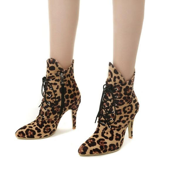 

winter high heels ankle boots for women leopard lace up shoes ladies cross tied pointed toe stiletto pumps zapatos mujer, Black