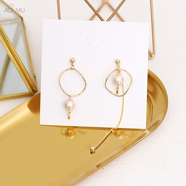 

aomu sweet golden metal pearl long asymmetry hollow long chain dangle drop earrings for women girl party jewelry brincos gift, Silver