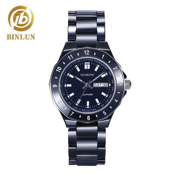 

binlun luxury ceramic quartz watch for men classic dial auto calendar automatic watch waterproof black white couple, Slivery;brown
