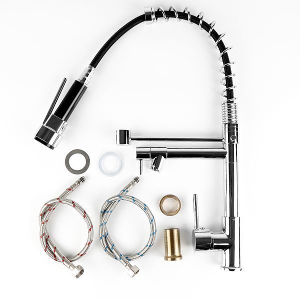 

stainless steel 360 rotatable extension type double outlet spring faucet can automatically adjust hose length dropshipping