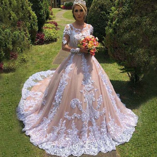 

2019 white and blush pink wedding dresses jewel neck illusion long sleeves stunning bridal gowns with train