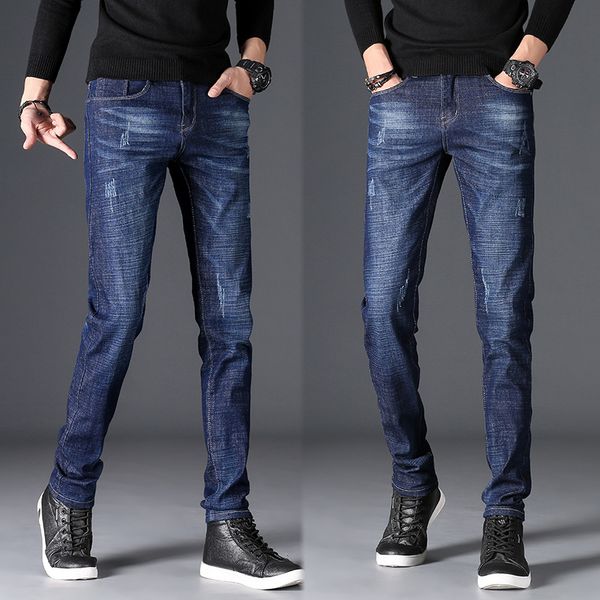 

2019 men's winter new claw pattern jeans youth stretch slim jeans, Blue