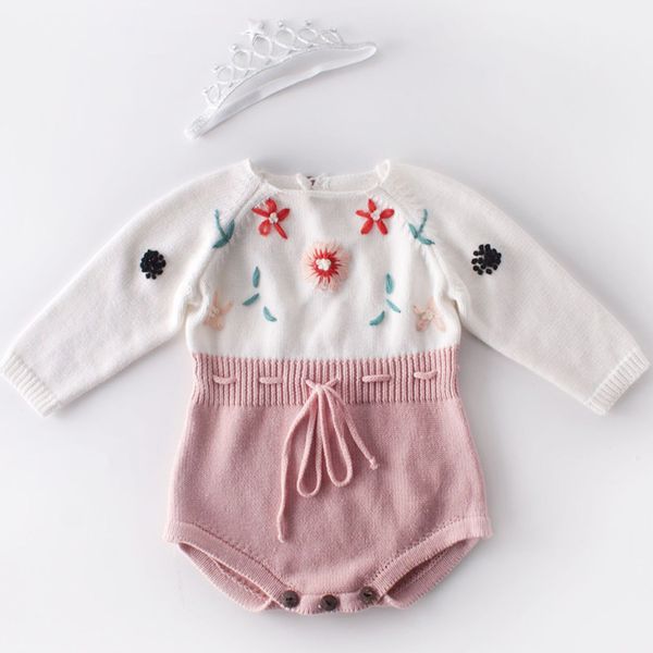 

baby girl bodysuit knitting baby body autumn newborn jumpsuit hand-embroidered long sleeve baby girl's romper princess clothes, White
