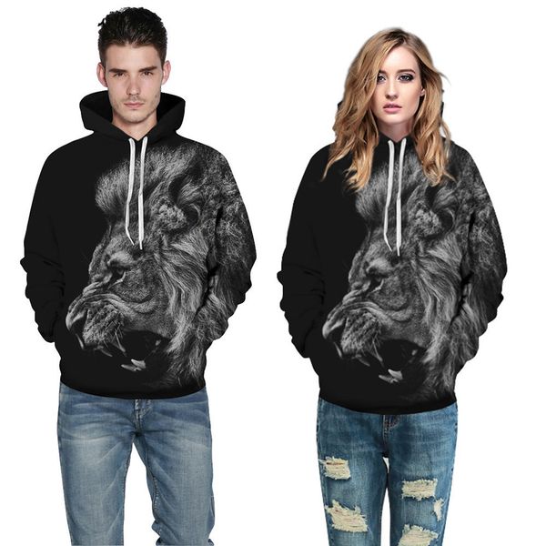 

3d cute lion head lover couple serials digital printing hooded sweater europe and the us tide large size sports sweater lovers, Blue;gray