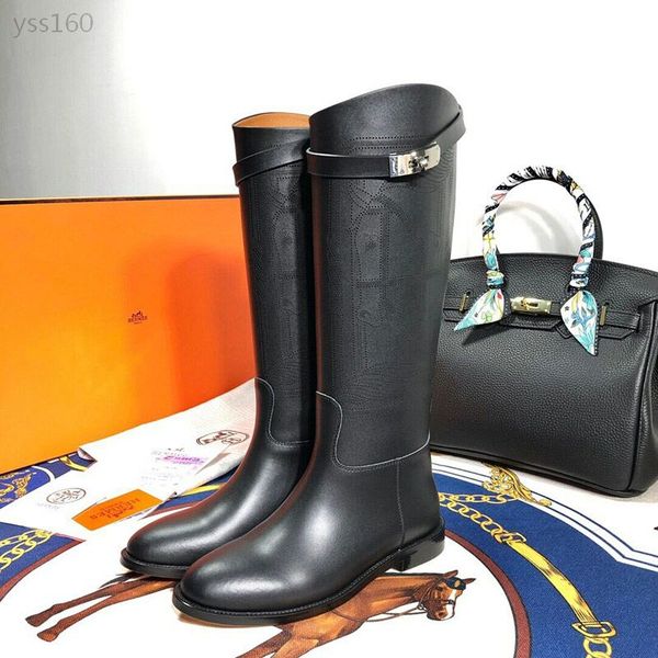

2019 autumn and winter new women's calfskin boots flat bottom with and knees waterproof high boots martin women's boots, Black