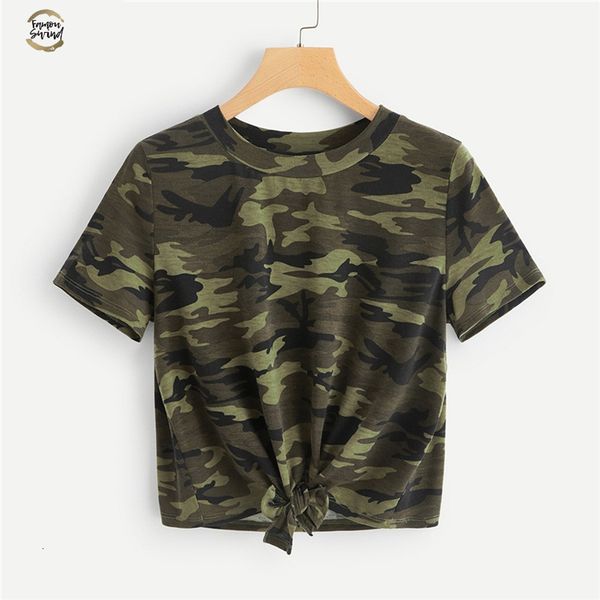 

knot front camouflage tee style fashion t shirt 2019 summer casual short sleeve streetwear women tees and, White