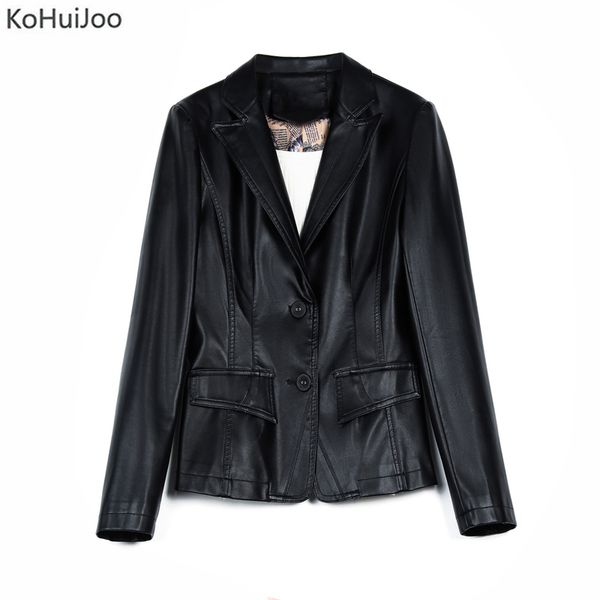 

kohuijoo осень кожезаменитель blazer женщина кнопка вверх тонкий офис дама тонкая формальной работа pu кожаные куртки зеленый фиолетовый чер, Black