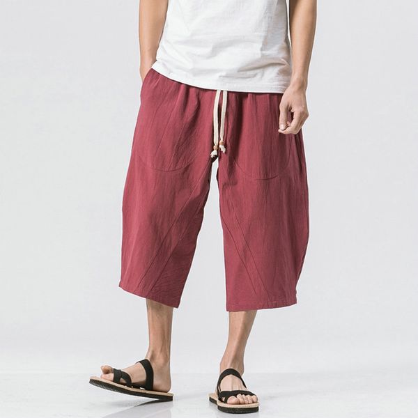 

men's pants chinese style casual men summer cotton mens harem streetwear sweatpants solid calf-length trousers, Black