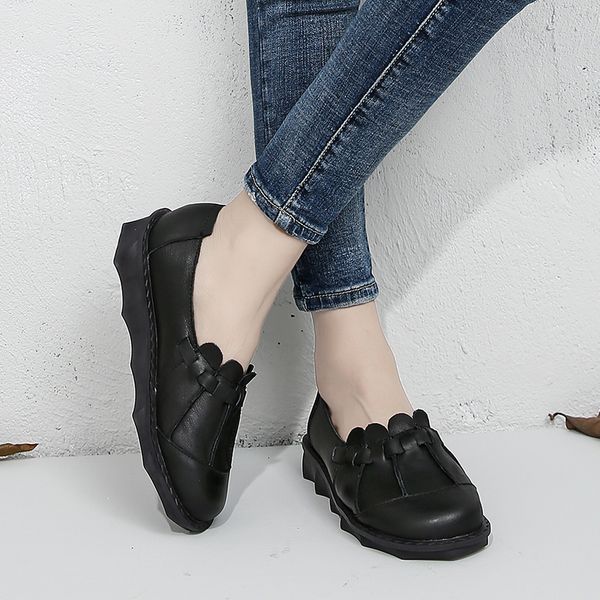 

women genuine leather loafers autumn 2018 low heel white casual shoes women handmade leather flats soft bottom retro ballat flat, Black