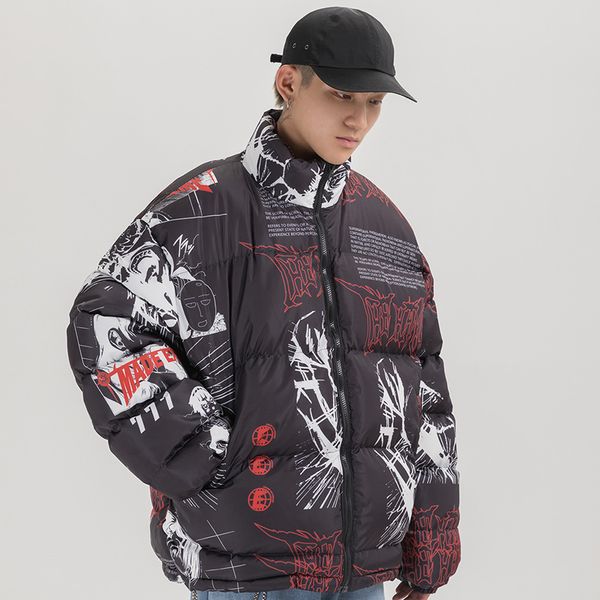 

new men women hip hop jacket winter harajuku print thick warm casual coat male cartoon graffiti streetwear outerwear parkas, Black