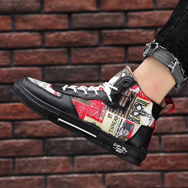 

canvas shoes mens 2019 leisure high breathable graffiti board shoes for male students daily dress rubber soft sole, Black