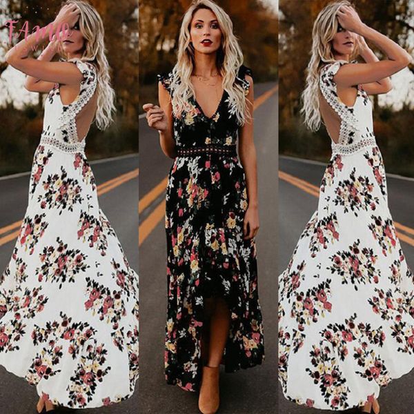 

женщины boho рукавов спинки цветочные печатных платье 2020 повседневные платья лето глубокий v отделки длинные кружевные макси-платья с откр, Black;gray