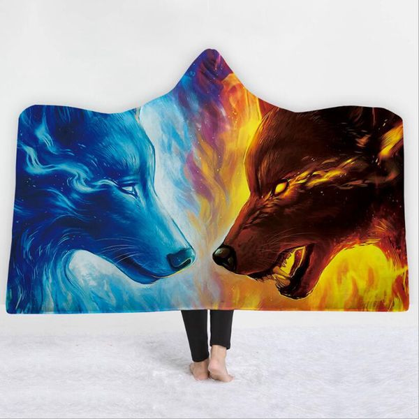 

3d wolf hooded towel flannel ice fire wolves bath towel with hood wearable beach wrap blanket 1pc