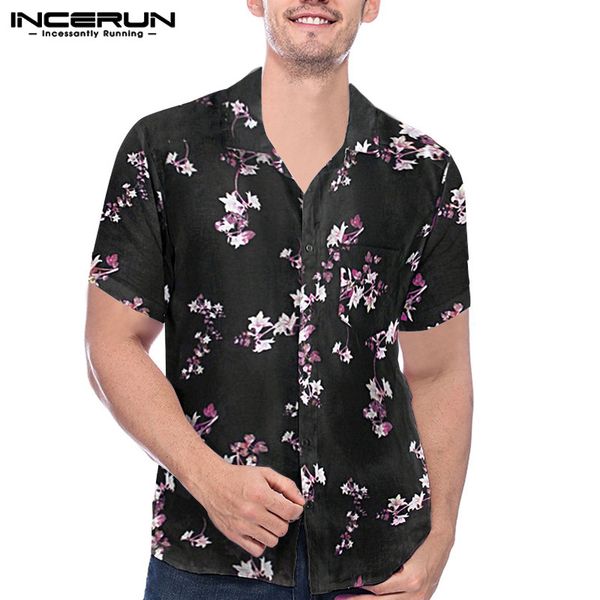 

incerun summer fashion shirt men casual streetwear beach short sleeve slim blouse floral printed lapel men hawaiian shirts s-3xl, White;black