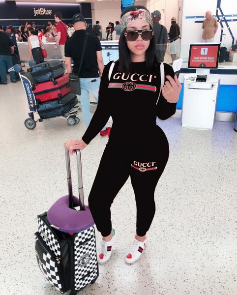 

2020 new women's two piece autumn and winter clothing jogging sports long sleeve round neck t-shirt wo gucci letter printing sports, Gray