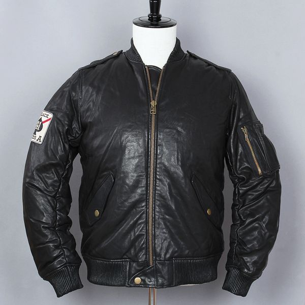 

avirex моды mens вниз из натуральной кожи мужчин черный овчины stand collar baseball jacket зимнее пальто для мужчины, Black