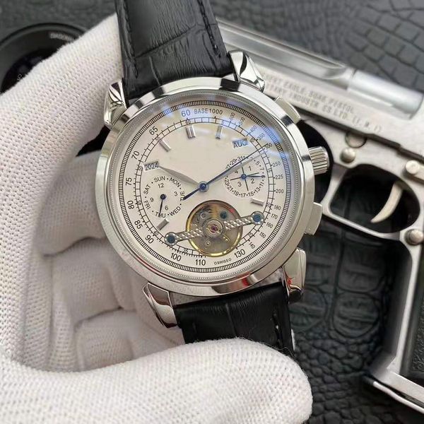 

new 5-pin tourbillon men's watch 316 fine steel strap automatic mechanical movement mineral super mirror dial 42mm, Slivery;brown