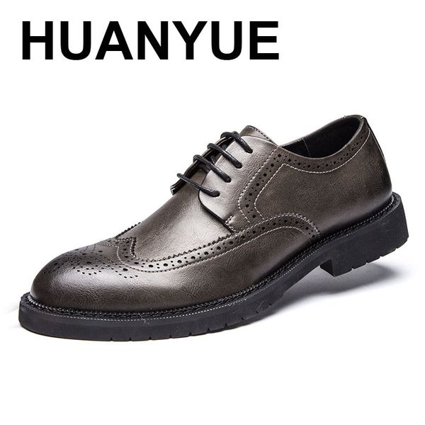 

big size men leather shoes breathable pointed toe dress shoes retro lace-up flat for men business zapatos hombre, Black