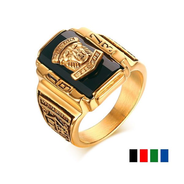 

walton tigers head ring men vintage 4 color stainless steel with black red stone for 1973 army general soldier memorial souvenir jewelry, Golden;silver