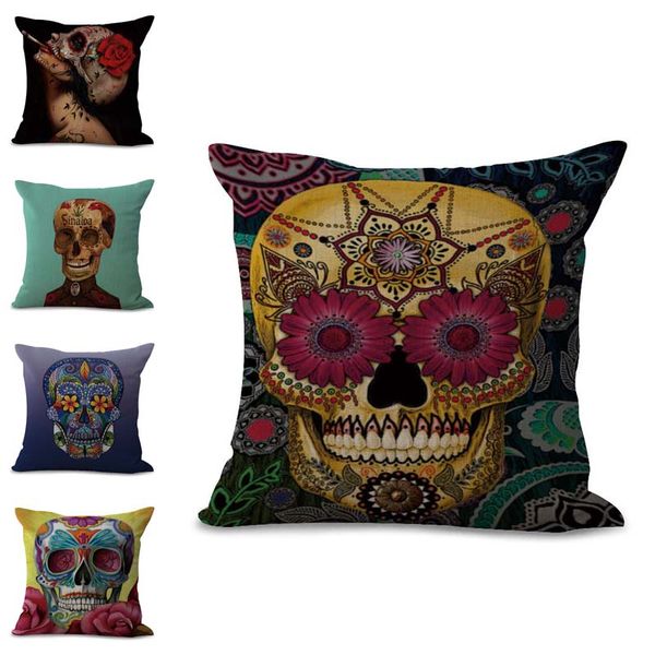 

mexican sugar skull pillow case cushion cover linen cotton throw pillowcases sofa car decorative pillowcover drop shipping 300685