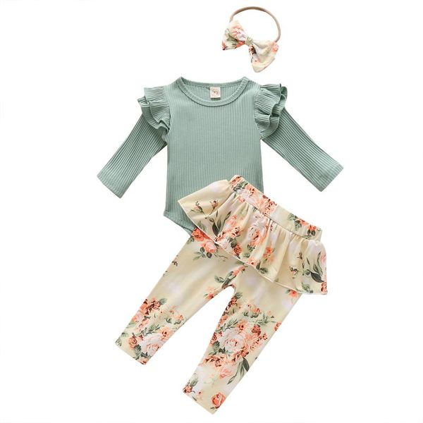 

focusnorm 3pcs breathable baby girls outfit set sweet sleeve romper+floral printing long pants+headwear set 0-18months, White