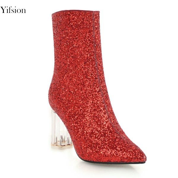 

yifsion new women boots winter boots square high heel mid-calf pointed toe party ladies shoes women us size 3-10.5, Black