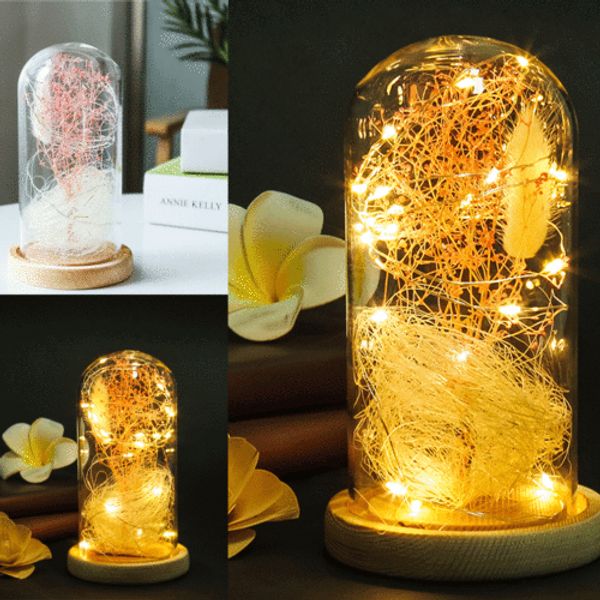 

glass dome bell jar decorative display wooden and simulated starry flowers base fairy led light