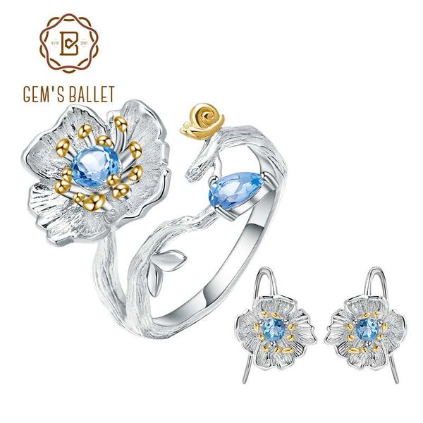 

gem's ballet natural blue z elegant vintage flower ring earrings set 925 sterling silver handmade set women fine jewelry, Black