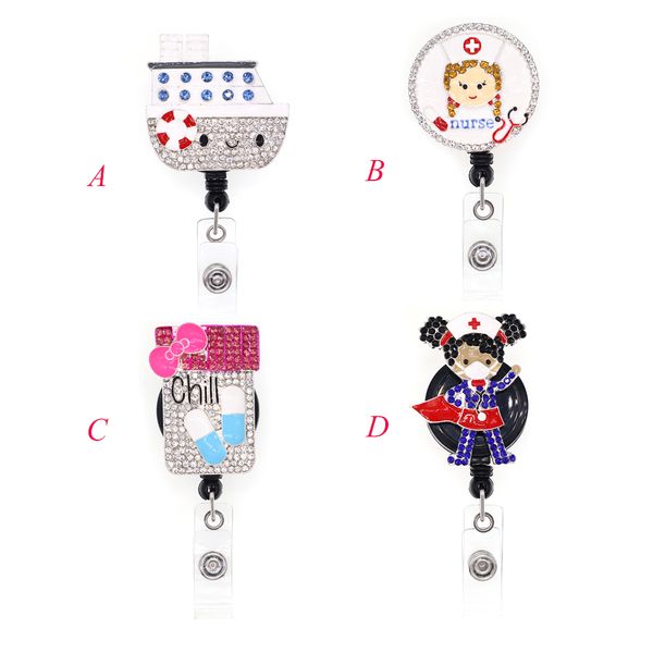 

1pc /5pcs /10pcs rhinestone key rings cup chill nurse badge reel retractable id badge holder for doctor hospital, Slivery;golden