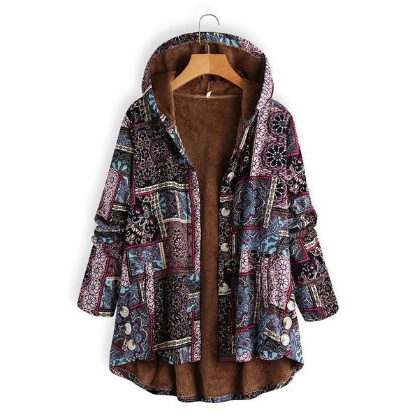 

2019 womens autumn winter coats casual warm outwear floral print hooded pockets vintage oversize coats ropa mujer plus size 5xl, Black