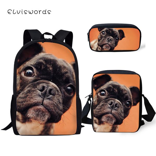 

elviswords kids fashion backpack funny bulldogs print pattern school bags lively animal 3pc/set students back to school book bag