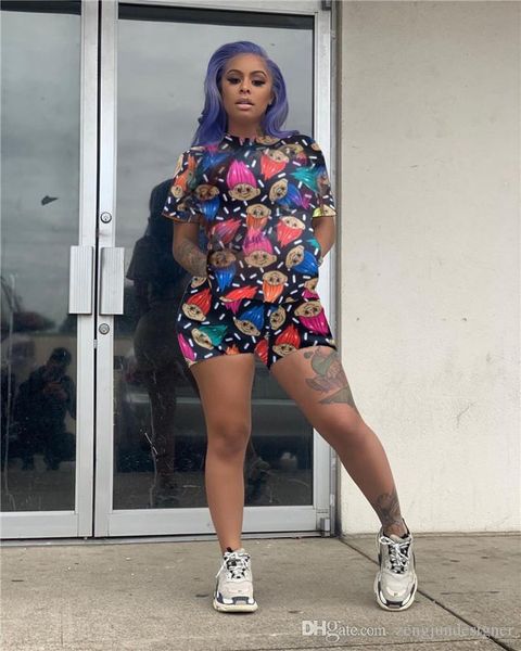 

womens summer designer 2pcs short pants floarl print crew neck fashion style female clothing sports style casual apparel, White