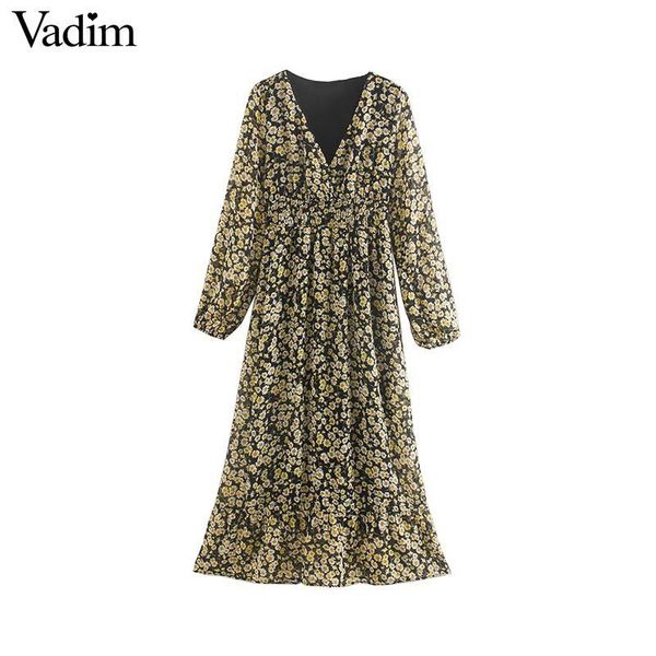 

vadim women fashion floral midi dress v neck long sleeve elastic waist female mid calf casual retro dresses vestidos qd240, Black;pink