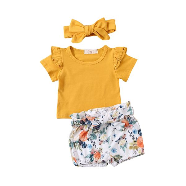 

summer newborn kids baby girl solid short sleeves clothes ruffle romper floral shorts outfits set, Pink;blue