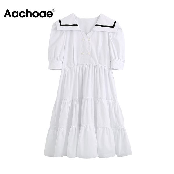 

casual dresses aachoae retro sailor collar white dress summer puff short sleeve loose pleated women button fashion mini cotton, Black;gray