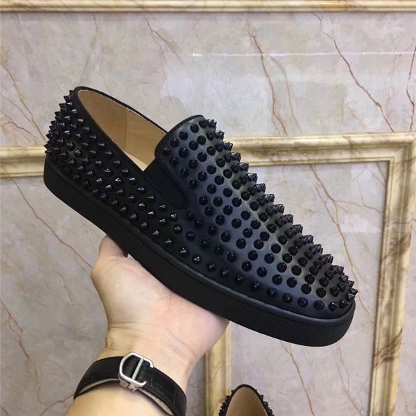 

new 2020 c l designer shoes studded spikes fashion red suede leather mens womens flat bottoms luxury shoes party lovers shoes size:36-45, Black