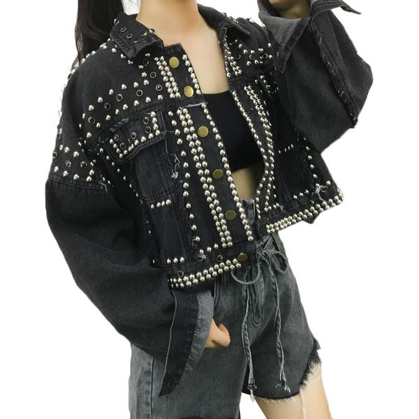 

spring autumn harajuku denim coats women heavy hand beaded rivet short jeans jackets lady casual loose single breasted basic top, Black;brown