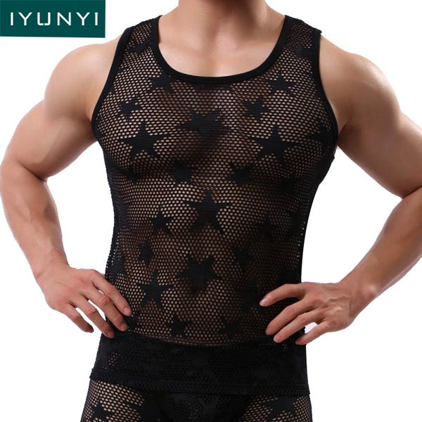

iyunyi men mesh breathable tank transparent mesh singlet underwear home sleepwear undershirts men body sculpting tank, White;black
