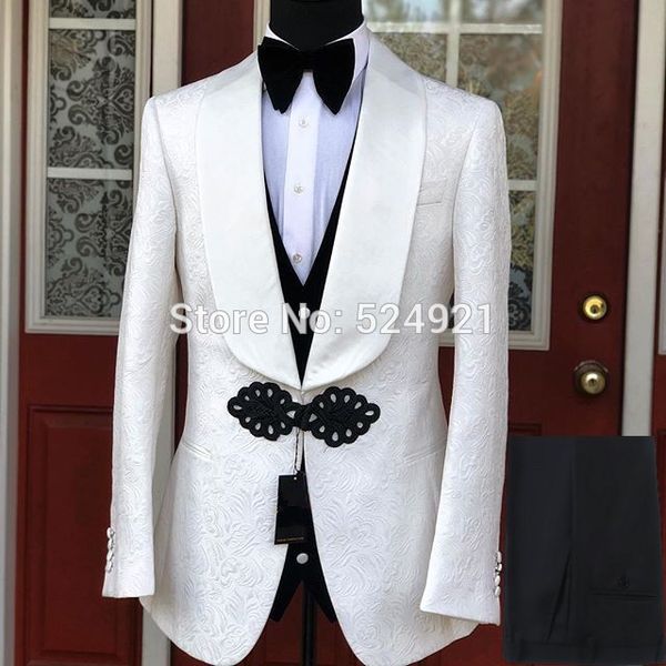 

men suits white pattern and black groom tuxedos shawl satin lapel groomsmen wedding man ( jacket+pants+vest+tie ) c716, White;black
