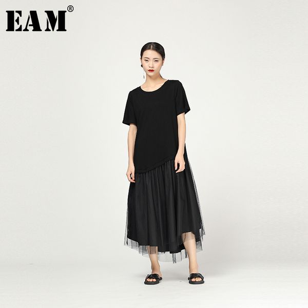 

eam] 2019 new spring summer round neck short sleeve hem irregular mesh split joint big size dress women fashion tide jt973, Black;gray