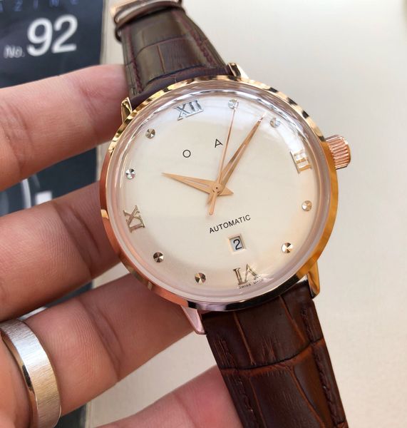 

luxury mens watches geneva 316l stainless steel case leather strap mechanical automatic movement men women fashion 42mm watch with box f160, Slivery;brown