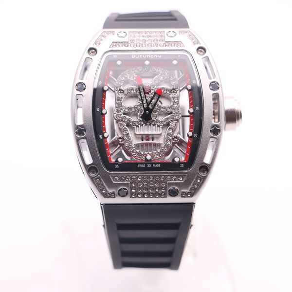 

special style boyuheng quartz baterry 43mm diamond hollow skull skeleton dial mens watches transparent movement tonneau hardlex wristwatches, Slivery;brown