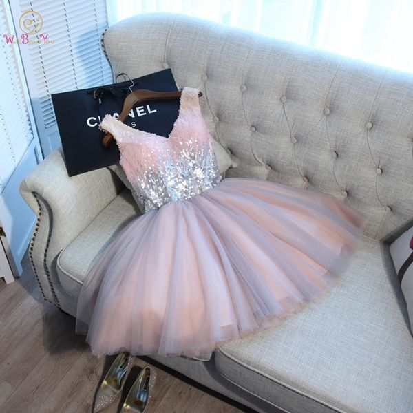 

short prom dresses walk beside you ball gown pink gray sequined v-neck elegant evening formal party gown vestido formatura curto, White;black